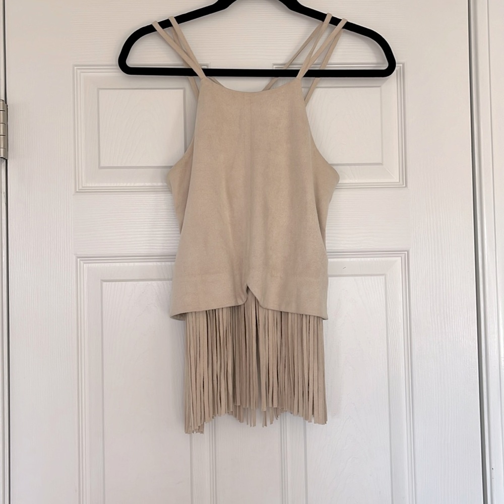 J.O.A. Los Angeles Sueded Tan Beige Fringed Sz Xs bin10